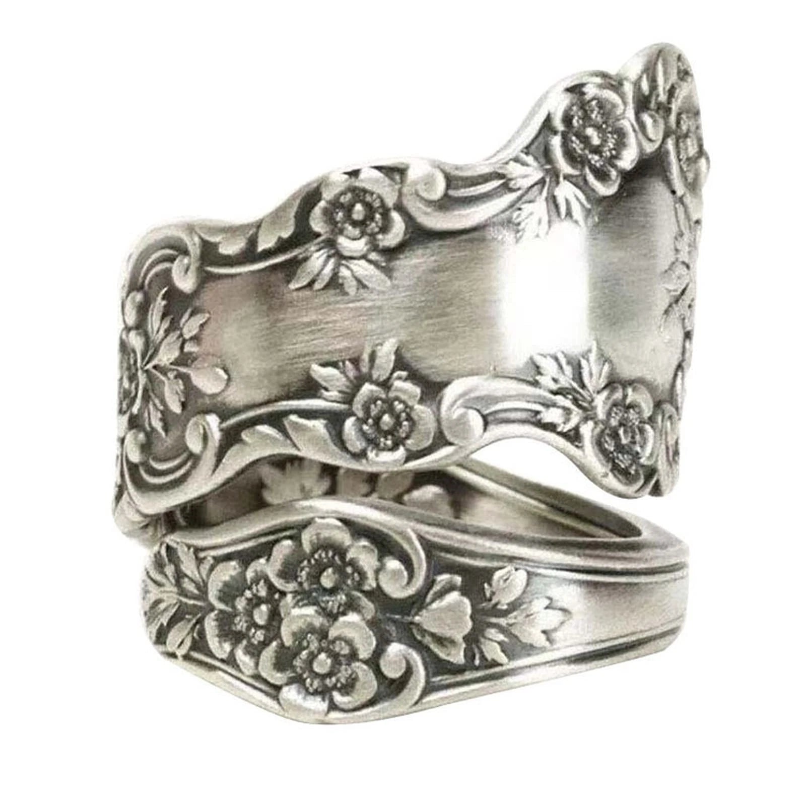 925 Sterling Silver Oxidized Spoon Ring – Adjustable Vintage Floral Band for Women