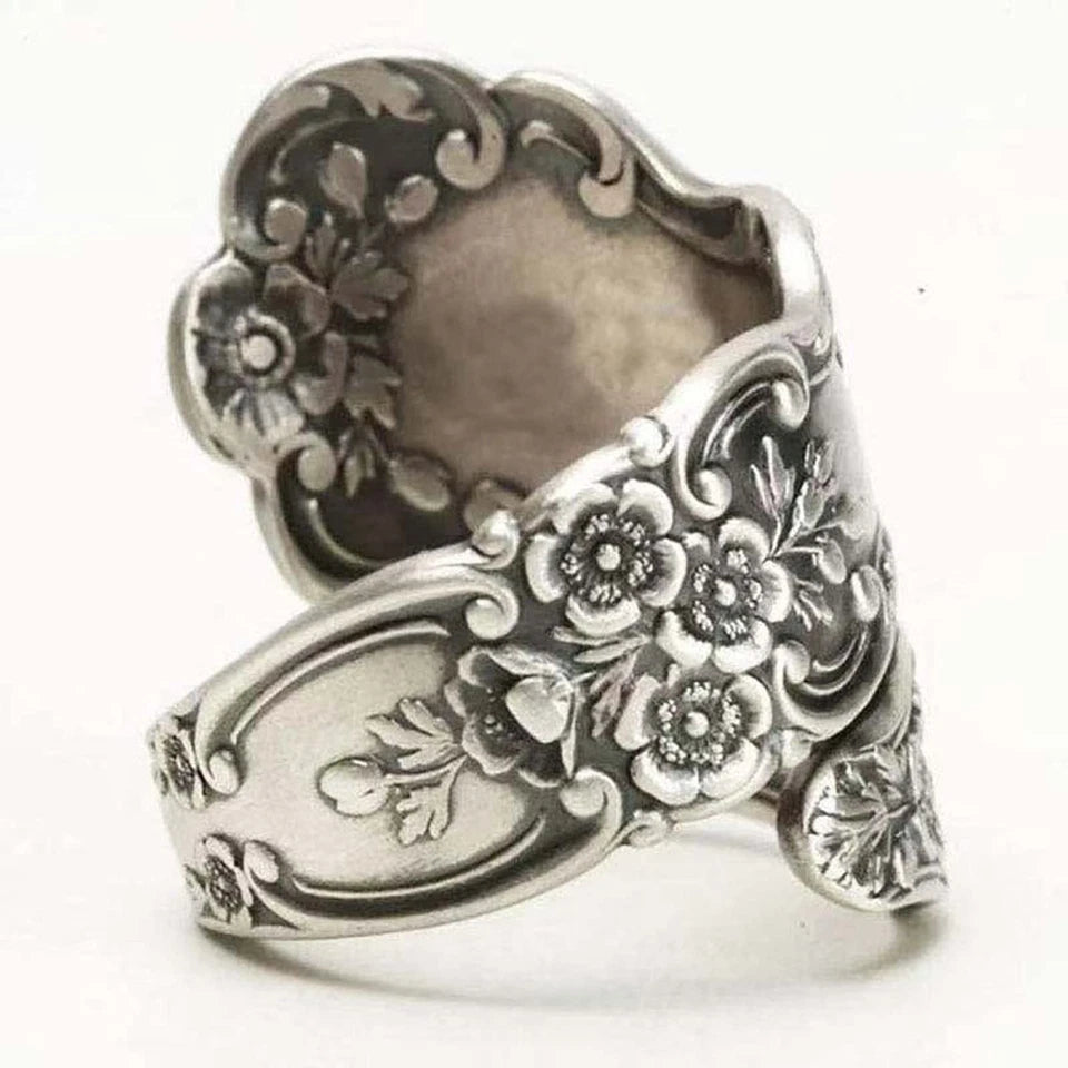 925 Sterling Silver Oxidized Spoon Ring – Adjustable Vintage Floral Band for Women