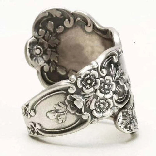 925 Sterling Silver Oxidized Spoon Ring – Adjustable Vintage Floral Band for Women
