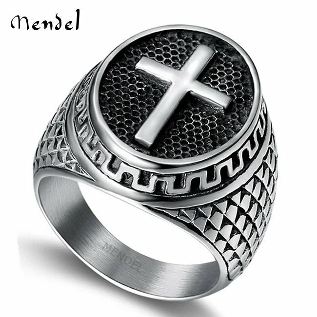 MENDEL Stainless Steel Christian Cross Ring for Men & Women – Silver Band, Sizes 6–15