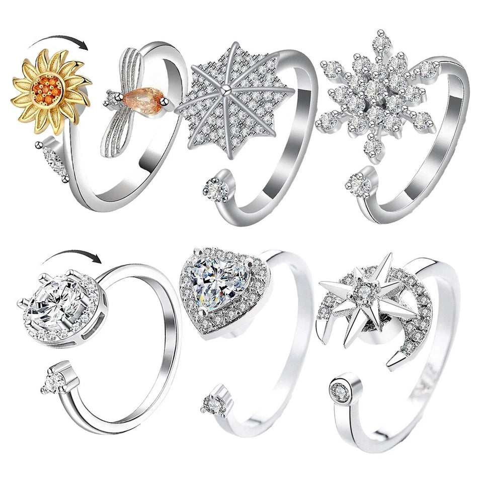 Spinner Fidget Adjustable Open Ring for Women – Flower Bee Heart Anxiety Relief Band (R71)
