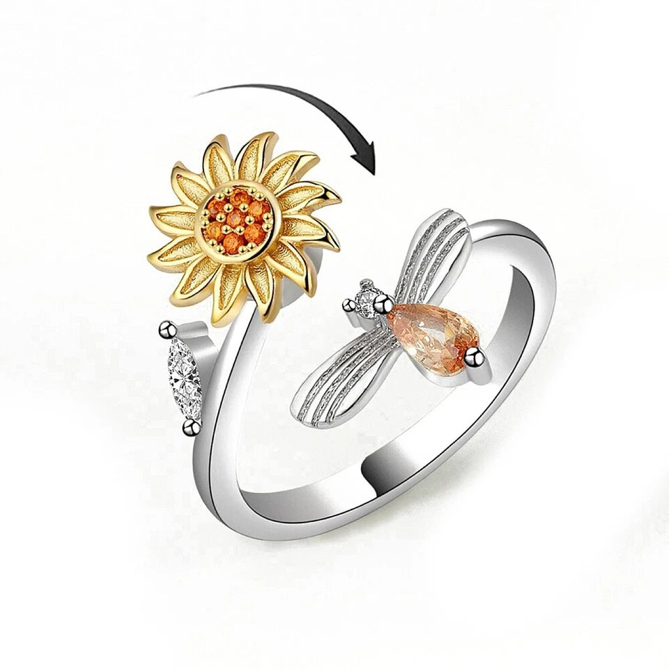 Spinner Fidget Adjustable Open Ring for Women – Flower Bee Heart Anxiety Relief Band (R71)