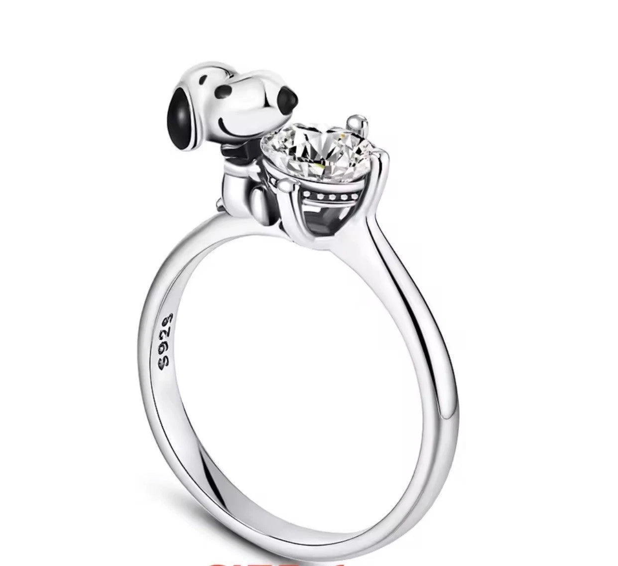 V257 S925 Sterling Silver Snoopy CZ Stone Ring Size 7 – Cubic Zirconia Cartoon Character Band