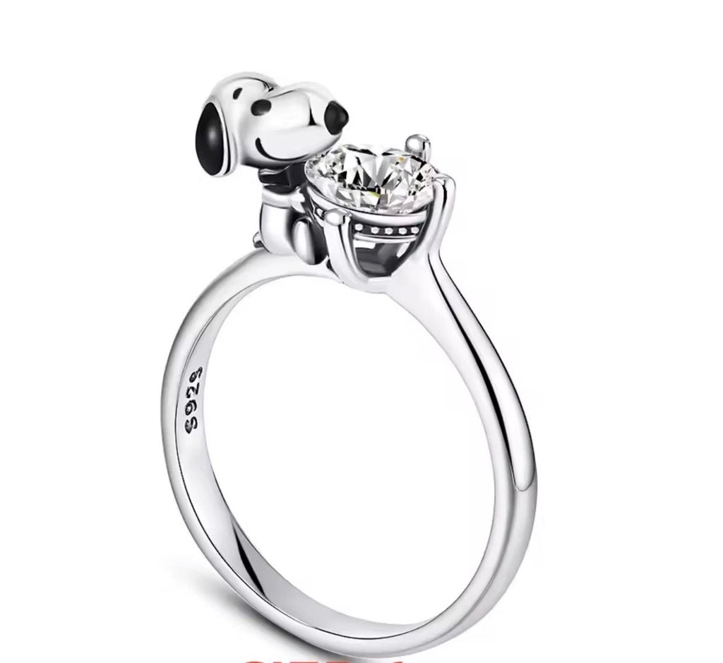 V257 S925 Sterling Silver Snoopy CZ Stone Ring Size 7 – Cubic Zirconia Cartoon Character Band